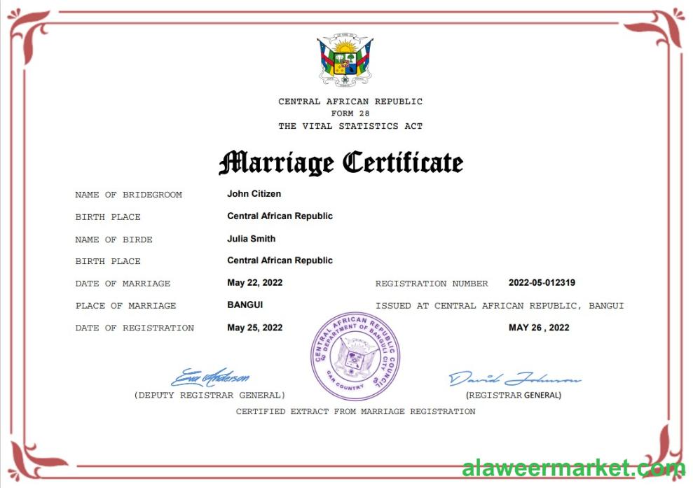 Central African Republic marriage certificate Word and PDF template